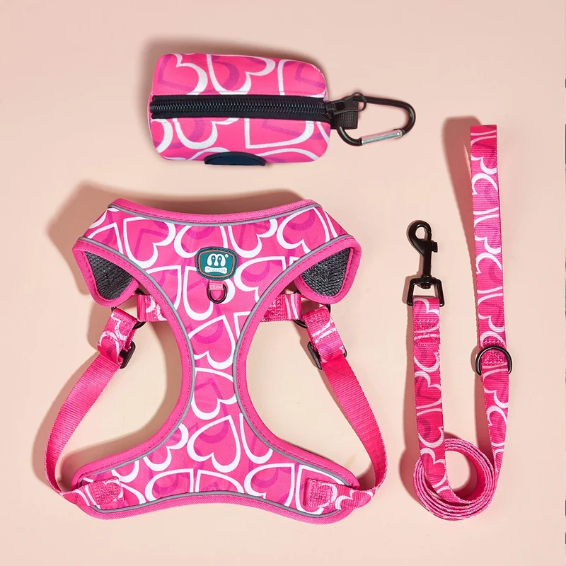 Harnais avec laisse rose pour chien – Ensemble 3 pièces