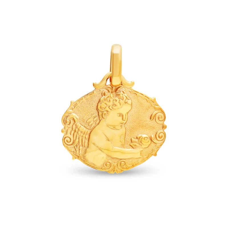 Médaille ange à la rose large en or