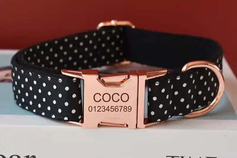 Collier pour Chien Noir à Pois avec Nœud Papillon – Gravure Personnalisée & Laisse
