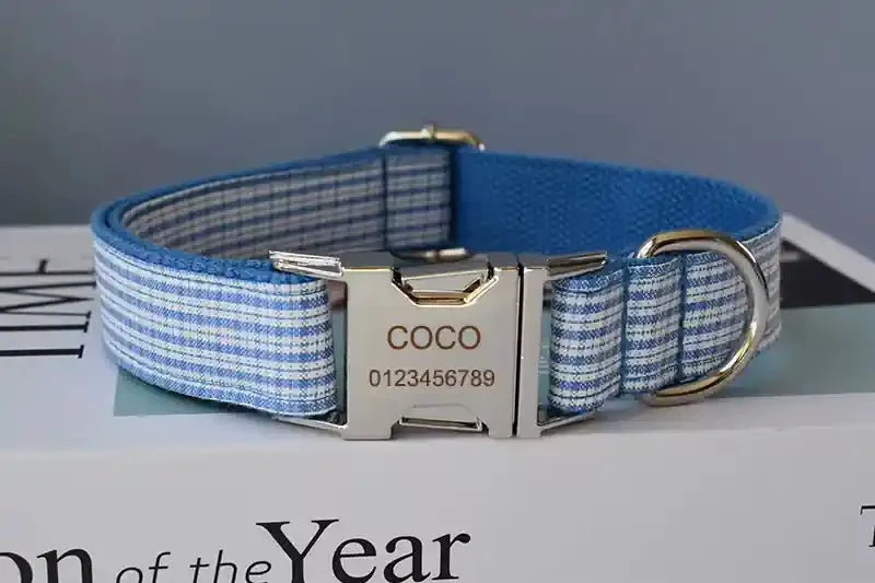 Collier à Carreaux Bleus pour Chien – Gravure Personnalisée & Laisse Coordonnée