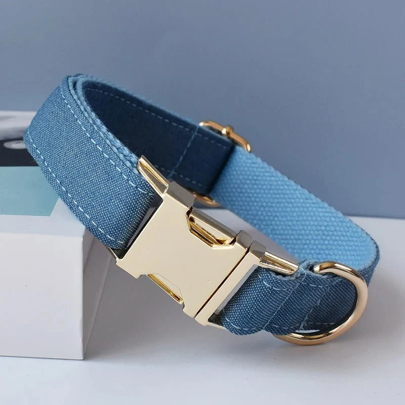 Collier Bleu Ciel pour Chien – Flanelle Douce, Gravure Personnalisée & Laisse Assortie