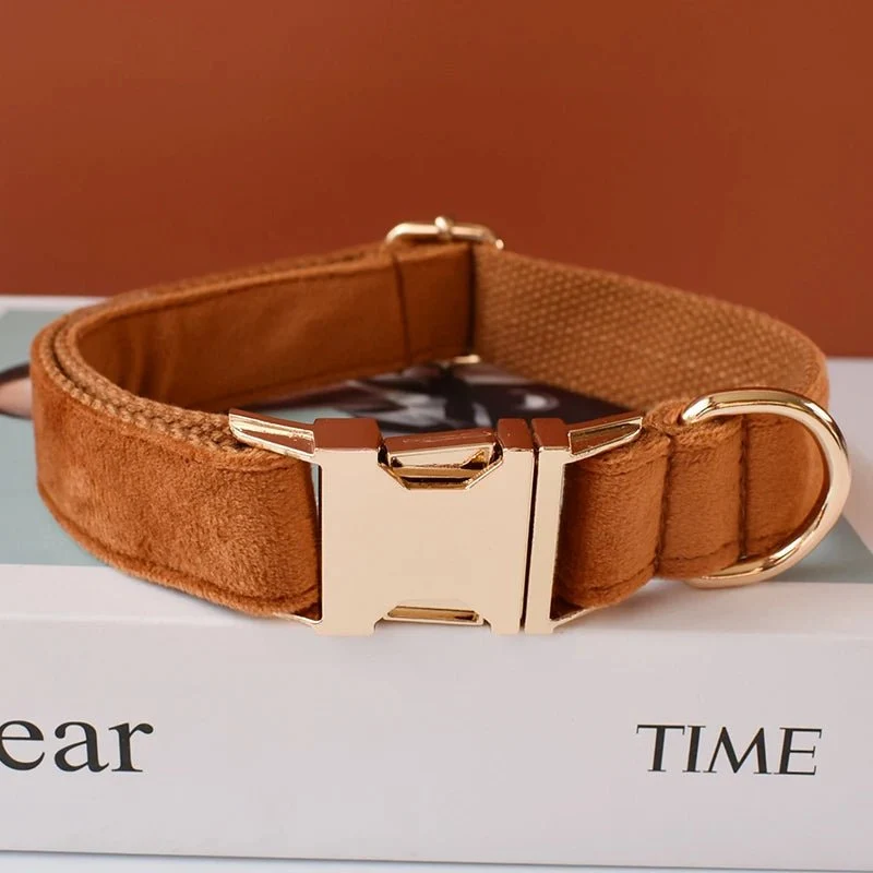 Collier Caramel pour Chien – Flanelle Douce, Boucle Dorée & Laisse Assortie