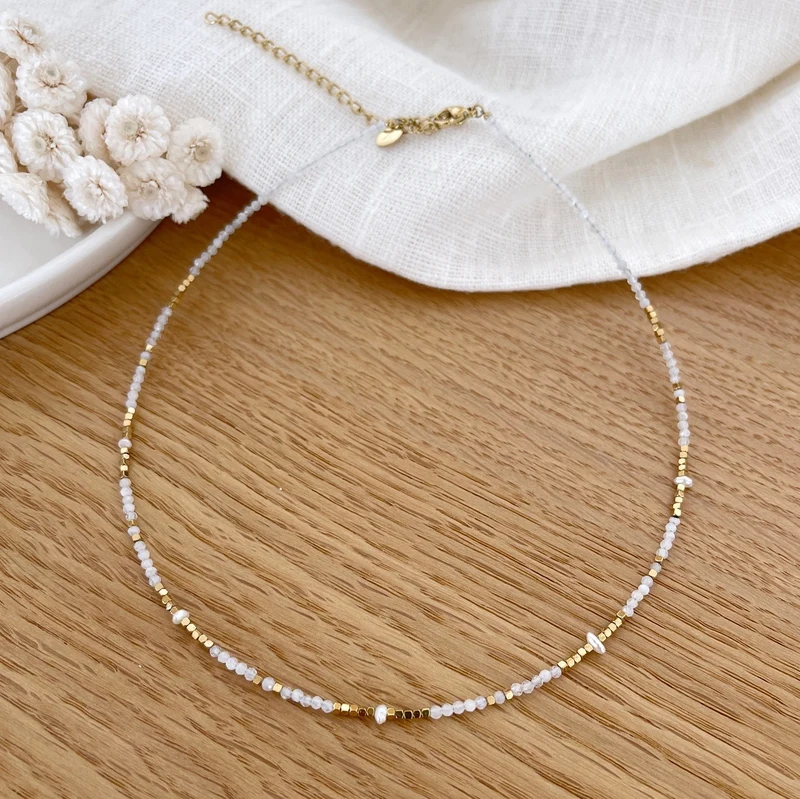 Collier "Wallis" agate blanche acier