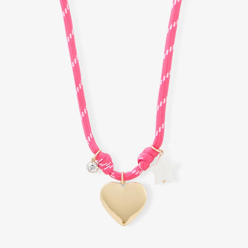 Collier cordons rose à charms cœur et étoile