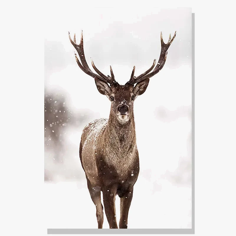 peinture nordique forêt cerf hibou paysage lumineux hiver