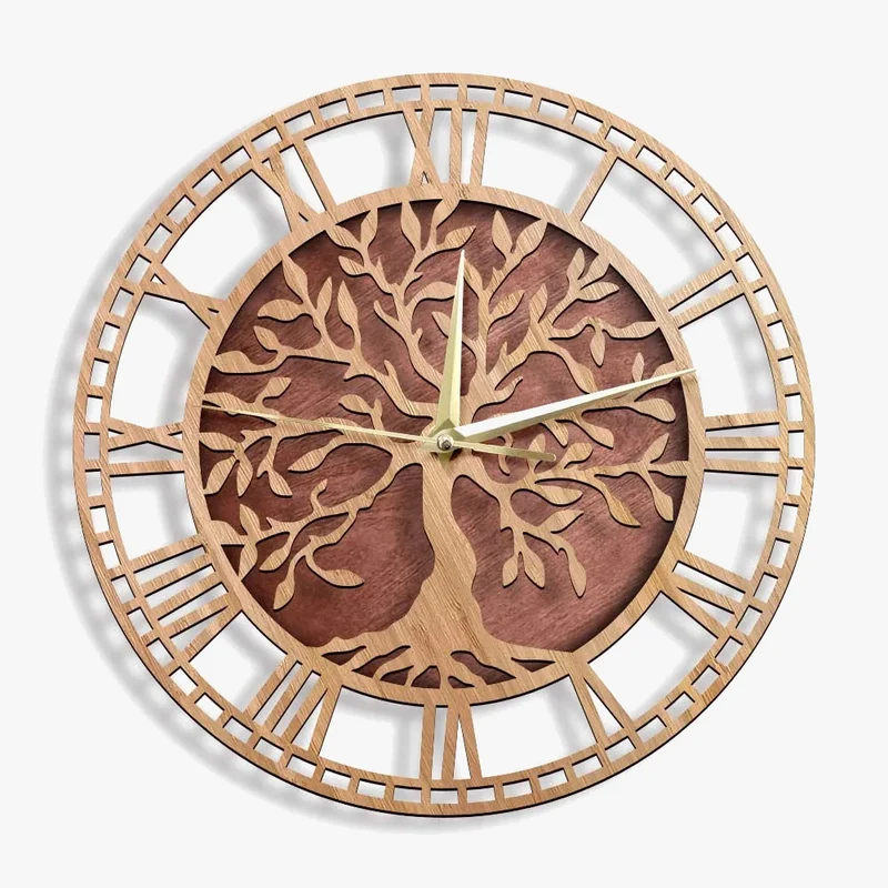 horloge murale en bois arbre de vie style ferme décorative et silencieuse