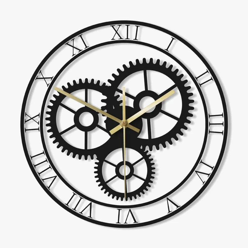 horloge murale rétro silencieuse à chiffres romains et engrenages mécaniques