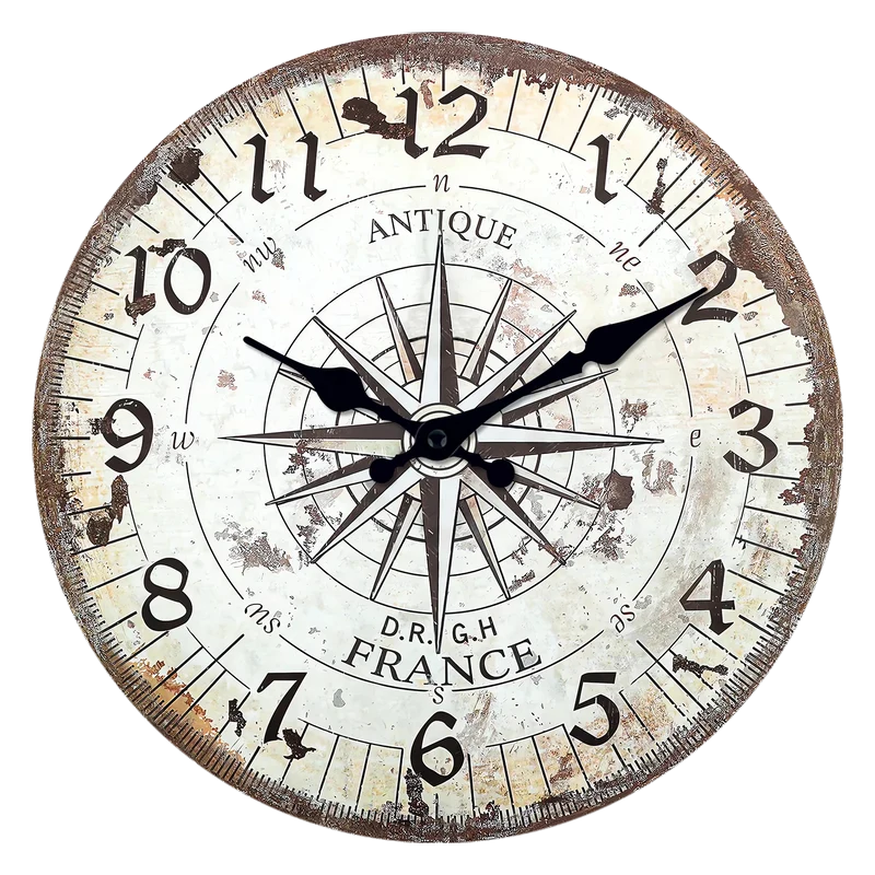 horloge murale en bois motif boussole rétro décoration silencieuse