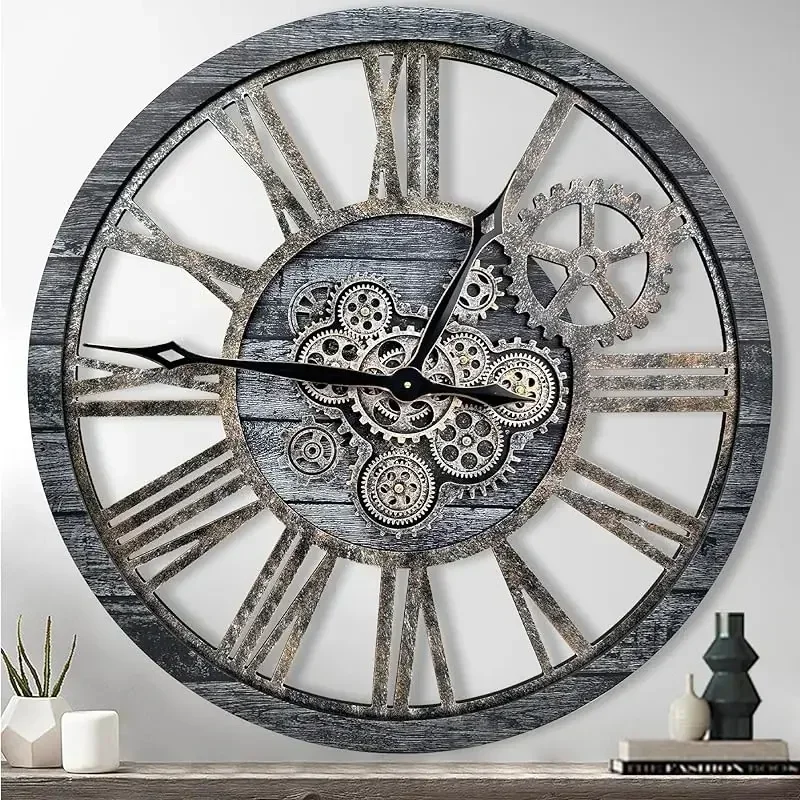 horloge murale en bois style rétro avec engrenages mobiles décorative