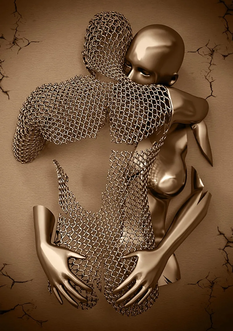 affiche couple amour câlin baiser décoration murale paillettes argentées