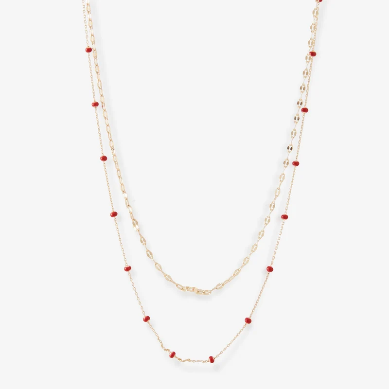 Collier 2 rangs chaînes fines et perles rouges