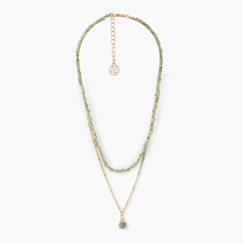 Collier 2 rangs chaîne et pierres avec pendentif