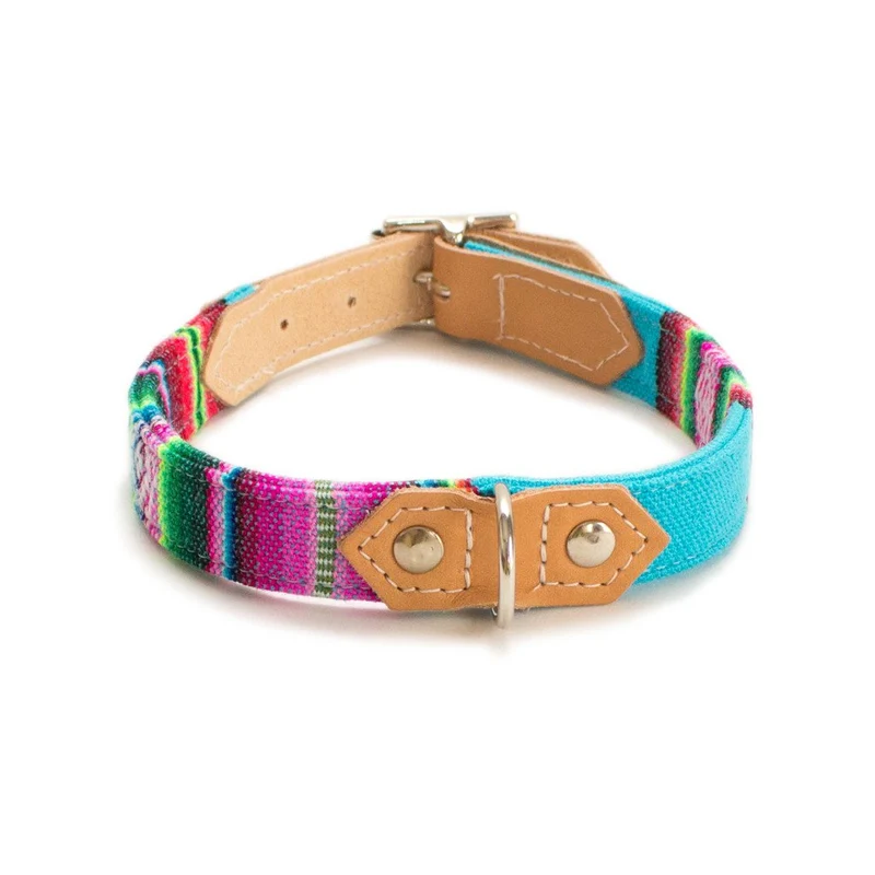 Collier pour chien cuir et tissu Inca Blue