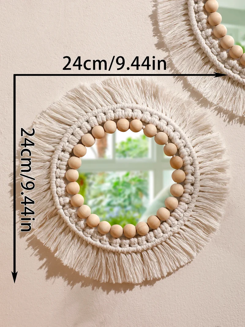 miroir suspendu en macramé décoratif avec pompons tissés