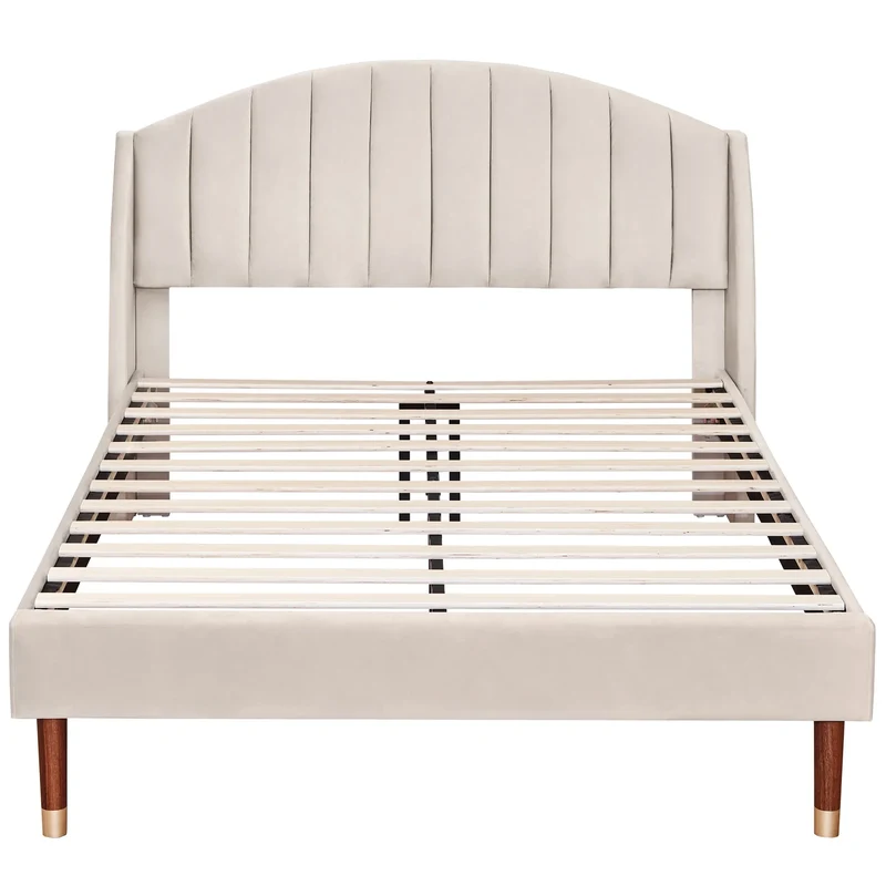VSOGA Upholstered Bed 140*190 With Slatted Base And Headboard Teen Bed Single Bed Velvet, Beige