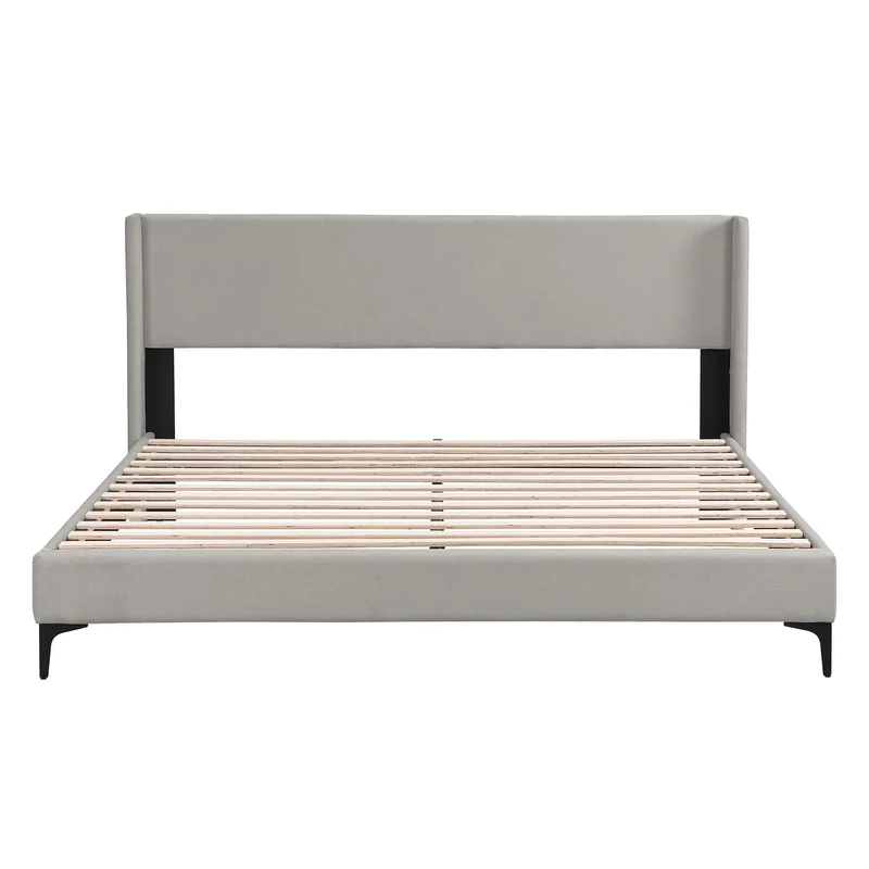 VSOGA Upholstered Bed, Double Bed, Bed With Slatted Frame, High Headboard, Upholstered Headboard, 180 X 200cm, Linen, Grey