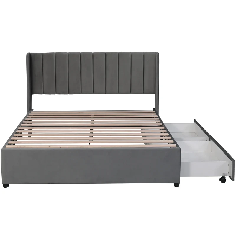 VSOGA Upholstered Bed 180 X 200 Cm Velvet With Slatted Backrest 2 Drawers, Black，160 X 200 Cm, Gray