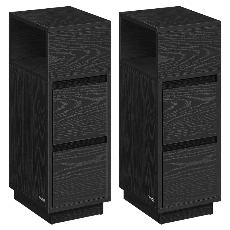 VASAGLE Slim Bedside Tables, Set of 2, Small Narrow Side End Tables with 2 Drawers, 1 Open Compartment Mounted to Face Left