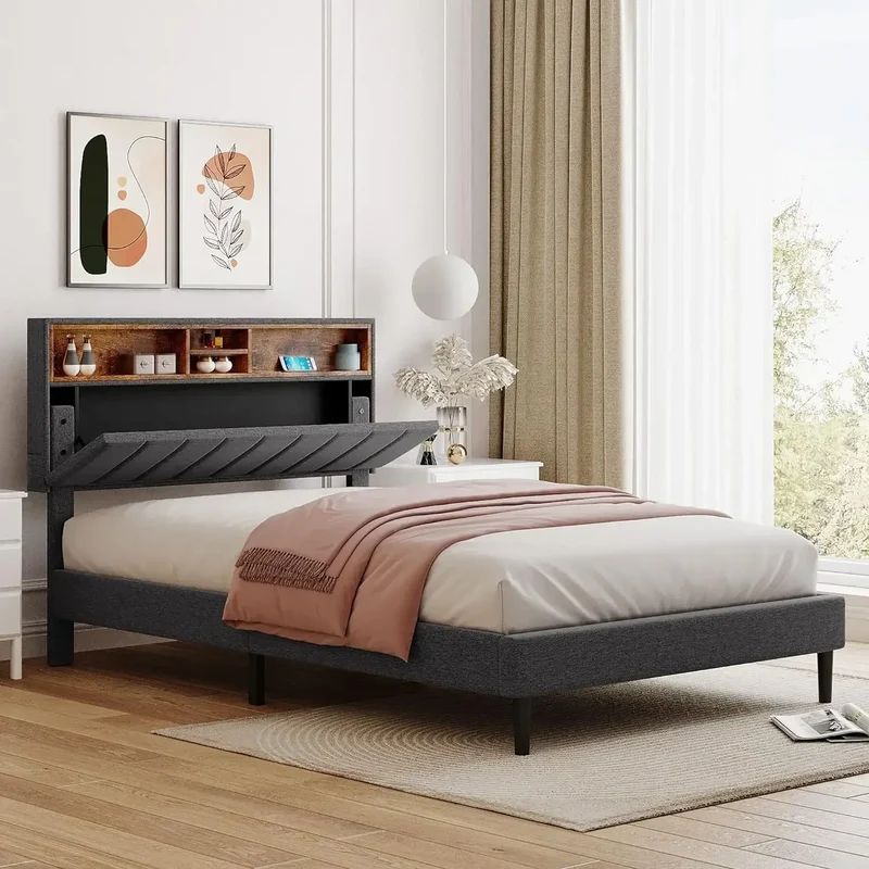 Bed frame bedroom furniture: headboard with storage and USB ports, full, grey modern upholstered platform bed