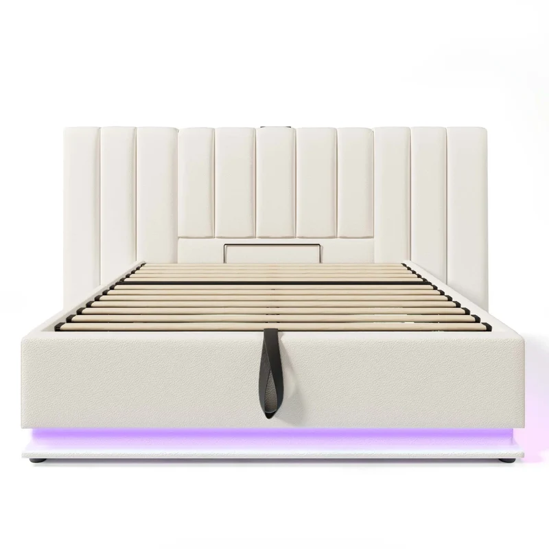 Upholstery bed 180 × 200, double bed storage bed with App Control LED and USB-C charging function, bed rack with slatted frame, PU, White, O