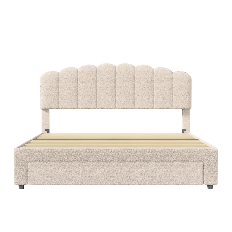 Bubble Bed, Double Bed, Teddy Velvet Fabric, with USB & LED, Drawer Bed, with Storage Space, Beige, 140x200 cm