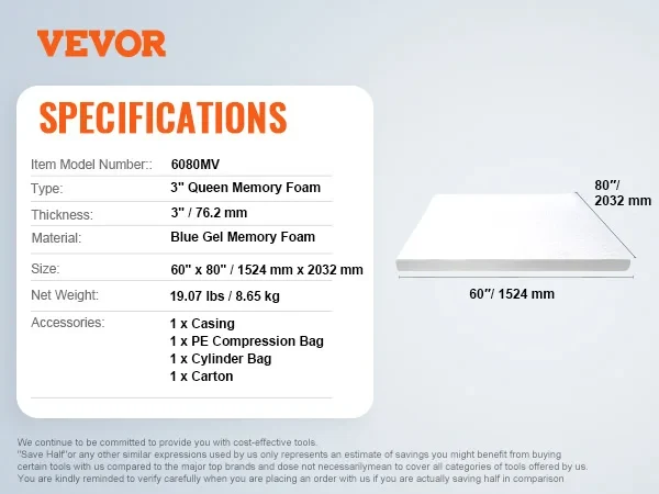 VEVOR Mattress Topper Queen Size 2" / 3" Thickness Soft Memory Foam Mattress Pad, Cooling Gel Infusion Comfy Support for Any Bed