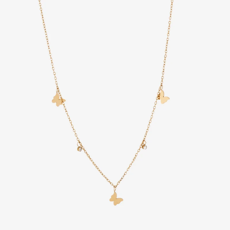 Collier chaîne fine avec papillons acier inoxydable doré